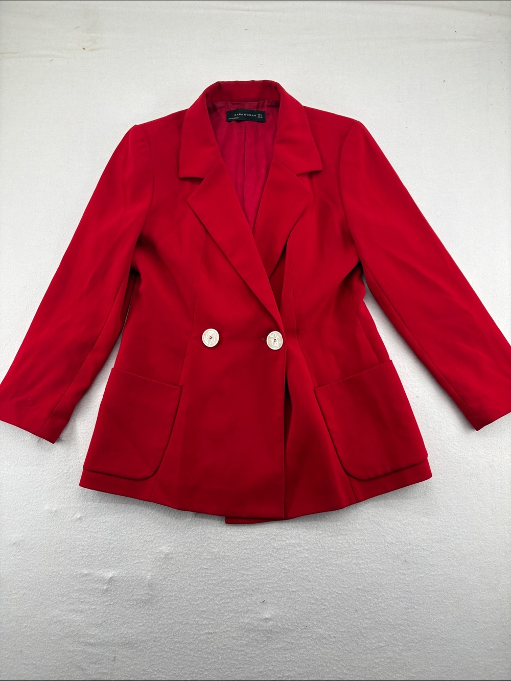 Zara Red Double-Breasted Blazer with Patch Pockets